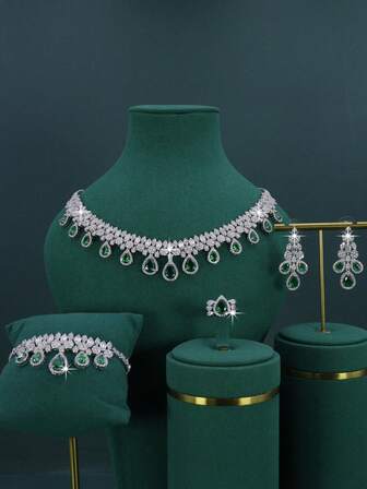 5 st lyxiga smyckeset med vitförgyllning i mellanöstern, kunglig stil, vattendroppe och tofsdesign, inklusive halsband, armband, örhängen och ring, med inläggningar av gröna kubiska zirkoniastenar, lämplig för vardagsbruk och bröllop, bröllopsdagspresent, mors dag-present (presentförpackning i guld), julklapp