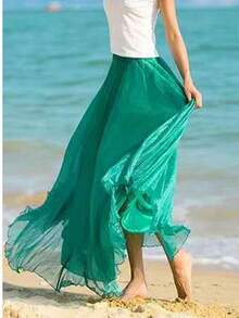 LUCIDVUE 女士夏季连衣裙孔雀蓝闪光面料双层雪纺裙两种穿法海滩度假装大摆优雅裙子回力长裙 - 綠色 - 查看 7