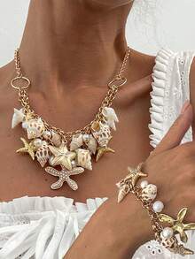 1 Set Summer Beach Vacation Seashell, Starfish Necklace & Bracelet Jewelry Set, Gold Vintage Bohemian Ocean Style Pendant Necklace And Bracelet For Ladies - Multicolor - View 9