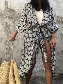 Boho Style Rayon Kimono Dress - Black & White Leaf Print, Vacation Casual, With Belt, V-Neck, Short Sleeve, Lightweight & Fashionable Women Allover Print Belted Wrap Dress With Bow