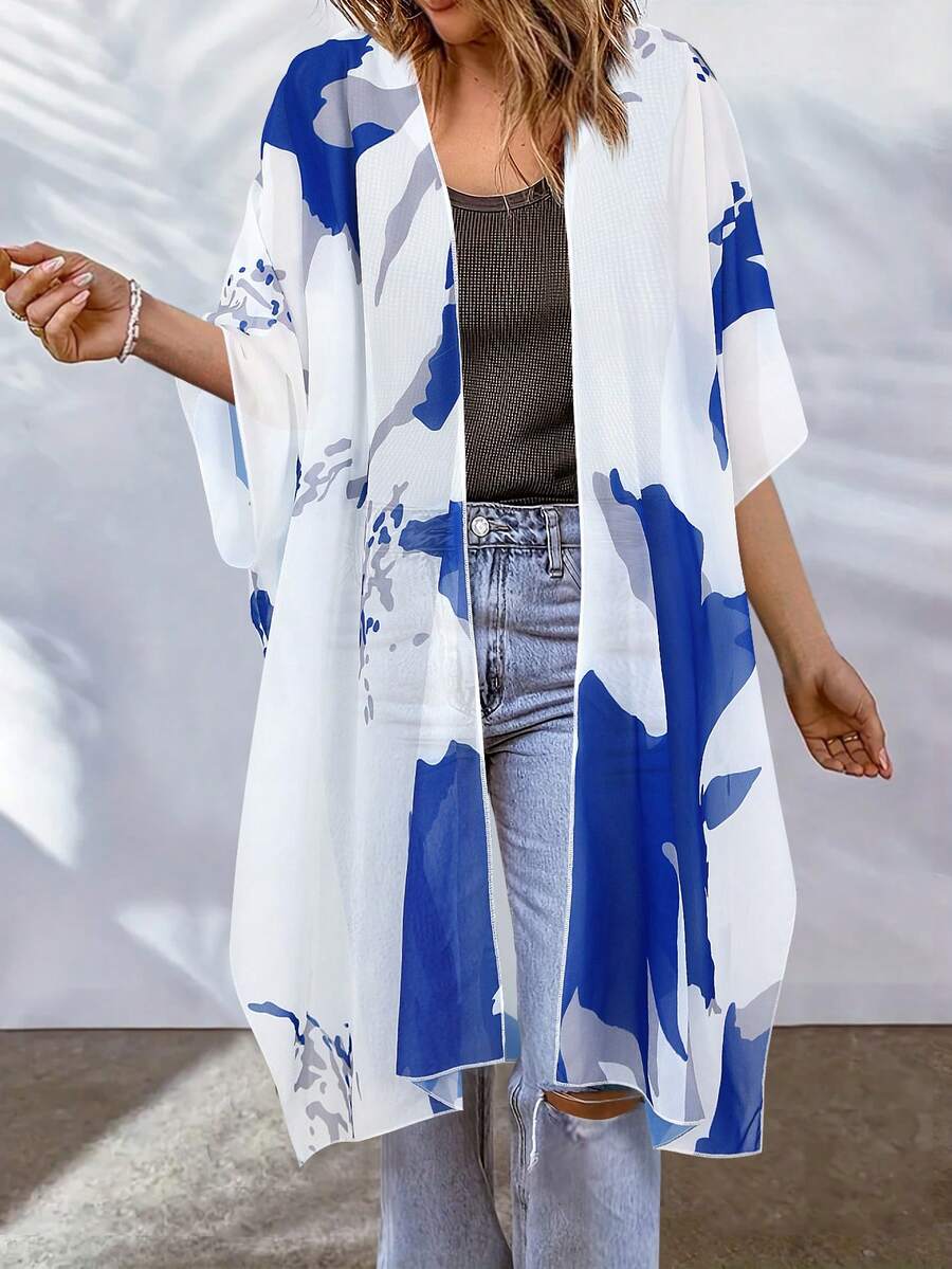 白色和蓝色抽象印花前开襟和服开衫 - 休闲宽松女式罩衫