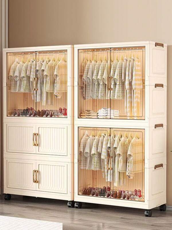 Foldable Transparent 2-Door Children Wardrobe With Drawers, Storage Cabinet Organizer Rack, No Assembly Required
