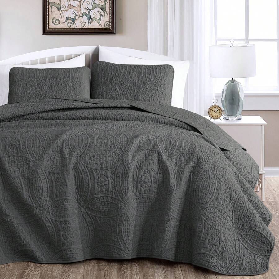 Austin Oversized Bedspread Set 3-Piece Ultrasonic Quilted Soft Lightweight Microfiber Coverlet For All Season - 木炭 - 查看 1