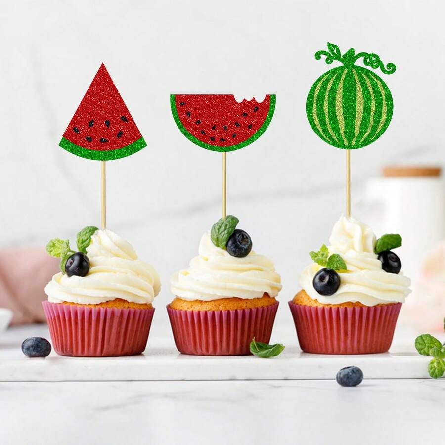 12/24 Unidades Toppers para cupcakes en forma de sandía con brillo, pinchos de frutas tropicales de verano para decorar cupcakes, decoraciones para tarta de baby shower o fiesta de cumpleaños de sandía de verano - Multicolor - Ver 1