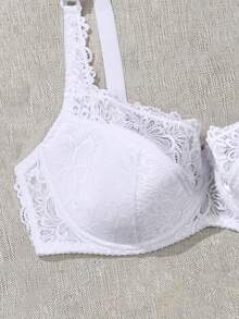 Women Plus Size Underwire Thin White Floral Lace Bra - White - View 6