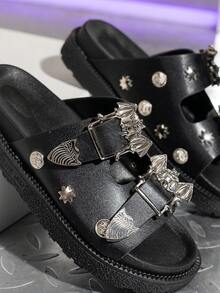 Women's Thick Sole Flip Flops, Summer Beach Vacation Round Toe Punk Style Bat Unique Gothic Style Casual Buckle Rivet Studded Sandals, Suitable For Beach, Party, Outdoor & All Seasons - Black - View 7