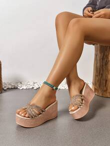 Women 2025 New Rhinestone Thick Bottom Platform Outdoor Slippers.Fashion Wedge Casual Versatile Elevated Sandals.Casual Rhinestone High Heel Wedge Light Weight Women Slides - Champagne - View 1