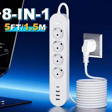 八合一欧规电源板，带 4 个交流电源插座、3 个 USB 接口、1 个 Type-C 接口、多设备充电、浪涌和过载保护、可壁挂、5 英尺/10 英尺线缆长度可选，适用于家庭、办公室和旅行