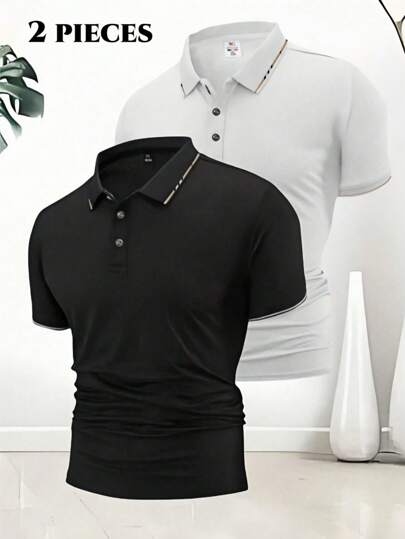 2pcs/Set Men's Summer Contrasting Collar Polo Shirts, Breathable & Comfortable Short Sleeve Casual Business Regular-Fit Polo Tees