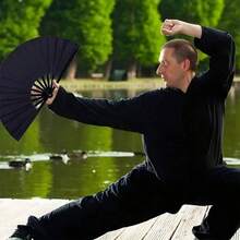 Abanico plegable llano extra grande - Abanico portátil de Kung Fu/Tai Chi/Danza con marco de bambú y tela de seda/nailon para actuaciones/bodas/festivales/entrenamiento deportivo, abanico manual ligero para regalos de hombres/mujeres (sin electricidad) Enfriamiento de verano, playa, viaje