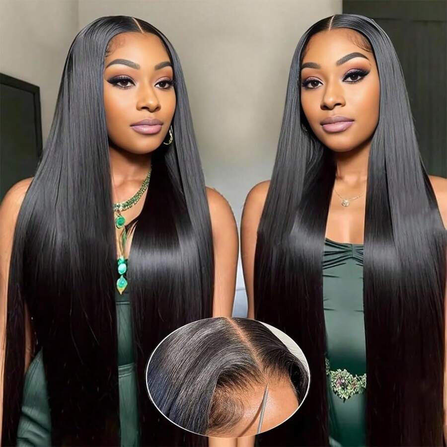 40 Inch Glueless Straight Wigs Human Hair Pre Plucked Pre Cut Lace Black Color 200% Density Put On And Go Glueless Wigs Human Hair No Glue Transparent Lace Frontal Wig For Women - Natural Black - View 1