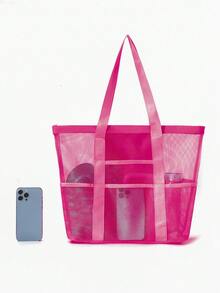 大容量镂空涤纶网眼沙滩包，旅行洗衣袋，游泳收纳袋，简约网眼沙滩包，母亲节礼物 - 玫紅色 - 查看 3