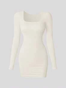 Women's Black Bodycon Dress, Square Neck Ribbed Long Sleeve Fitted Mini Dress - Apricot - View 6