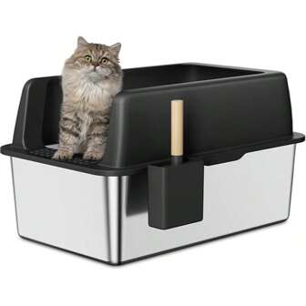 Caja de arena para gatos con tapa de acero inoxidable, XXL extra grande, cerrada y removible, con pedal y pala, a prueba de fugas, antiadherente y fácil de limpiar (negro)