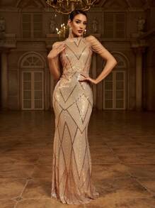 Missord Halter Neck Sequin Mermaid Prom Dress Elegant Formal Evening Wedding Guest Gown, For Graduation, Dinner Party Dress