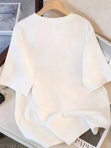 Plus Size Women Y2K Geometric Print Solid Color Crew Neck Short Sleeve Casual Loose T-Shirt, Summer