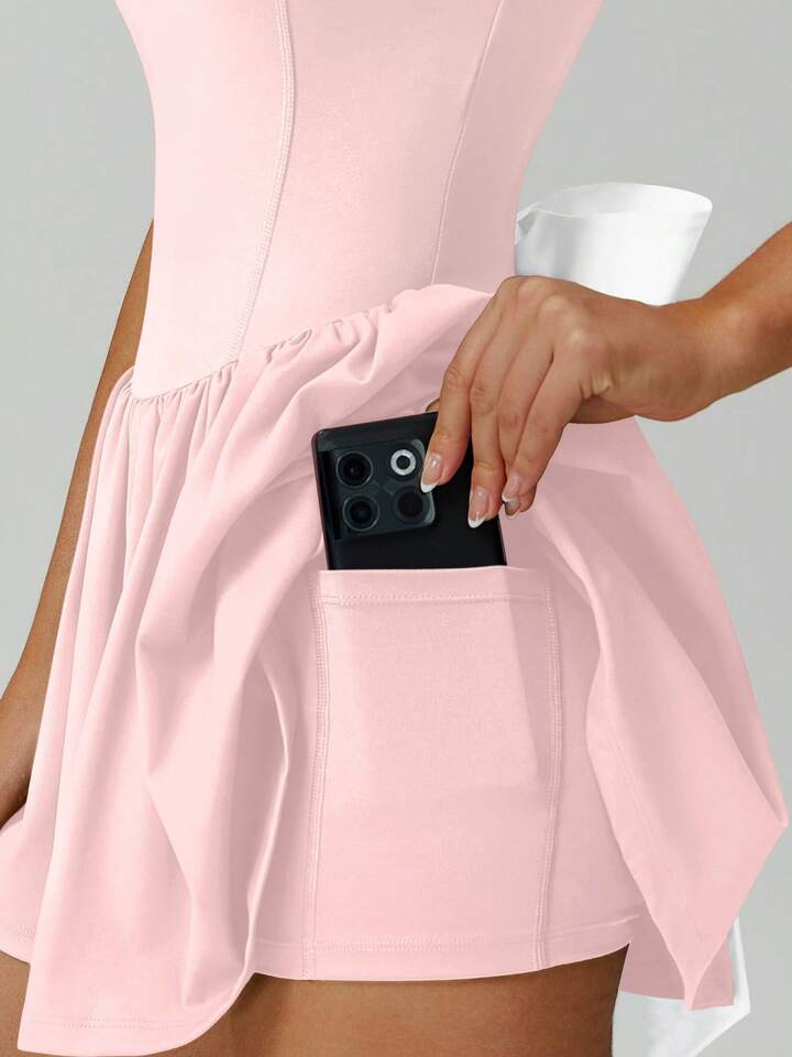 NcmRyu Women's Deep V Neck Backless Dress With Removable Padded & Bow Decor, Suitable For Running, Golf, Tennis And Outdoor Activities, Spring/Summer