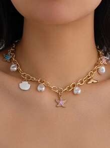 1pc Women's Starfish, Fish Tail, Seashell & Pearl Pendant Ocean Beach Style Fashion Short Necklace