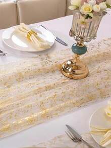 1pc Gold Table Runner, Seasonal Table Decor For Spring/Summer, Sheer Chiffon Gold Table Runner, Gold Party Table Decoration For Wedding, Birthday - Gold - View 2