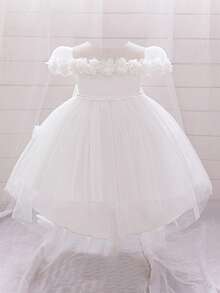 Baby Girls' Floral 3D Mesh Backless Bow Party Dress, Suitable For 1st Birthday, Flower Girl, Without Headband