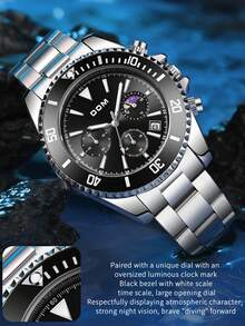 DOM 1pc Men's Fashion Casual Multi-Function Running Seconds Hand Calendar Moon Phase Luminous Waterproof Quartz Sports Watch, Comes With Gift Box, Suitable For Daily Wear And Decoration, Gift For Friends Or Father - Silver - View 8