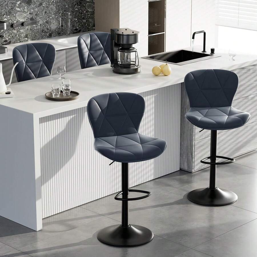 Nalupatio Modern Bar Stool 2 Piece Set, Bar Stool, Faux Leather Upholstered Swivel Bar Stool, Adjustable Counter Height Bar Chair With Backrest For Kitchen Island - Xanh đậm - Xem 1
