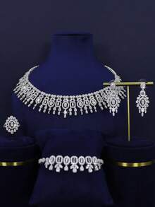 5pcs White Gold Plated Luxury Royal Style Crown Design Bridal Jewelry Set, Hand-Set 3D Cubic Zirconia, Including Necklace, Bracelet, Earrings, Ring, Suitable For Daily Wedding Wear, Wedding Anniversary Gift (Premium Gift Box Included) - Platinum Plated - View 1