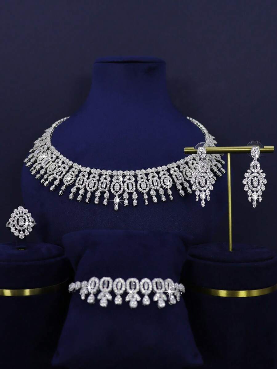 5pcs White Gold Plated Luxury Royal Style Crown Design Bridal Jewelry Set, Hand-Set 3D Cubic Zirconia, Including Necklace, Bracelet, Earrings, Ring, Suitable For Daily Wedding Wear, Wedding Anniversary Gift (Premium Gift Box Included) - Platinum Plated - View 1