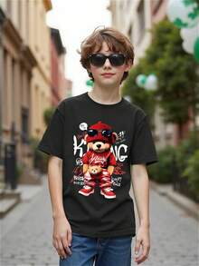 男童休闲宽松小熊印花短袖T恤 - 黑色 - 查看 1