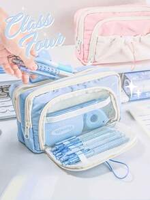 1pc Drawstring Pocket Pencil Case Pen Bag, Cute Cartoon Cream Color 5 Layer Large Capacity Storage Pouch, For Student Stationery School - Multicolor - View 3