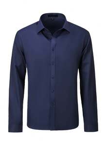 Mens Elegant Shirt Long Sleeve Dress Solid Color Button Shirt For Formal Office Wear With Shirt Collar Men's Clothing Wedding Suit Fashion Casual Business Commuting Men Shirts - 藏蓝色 - 查看 3