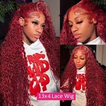 Burgundy Curly 13x4 Hd Lace Frontal Wig Human Hair Brazilian 13x4 Water Deep Wave 99J Red Colored Wig For Women 30 34Inch - S99J - 查看 9