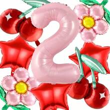 Set de 9 globos de lámina con flores de cerezo y flores rosas surtidas, que incluye números rosas del 1 al 6 de 32", una estrella roja y decoraciones de flores rosas, adecuado para cumpleaños, aniversarios y celebraciones estacionales