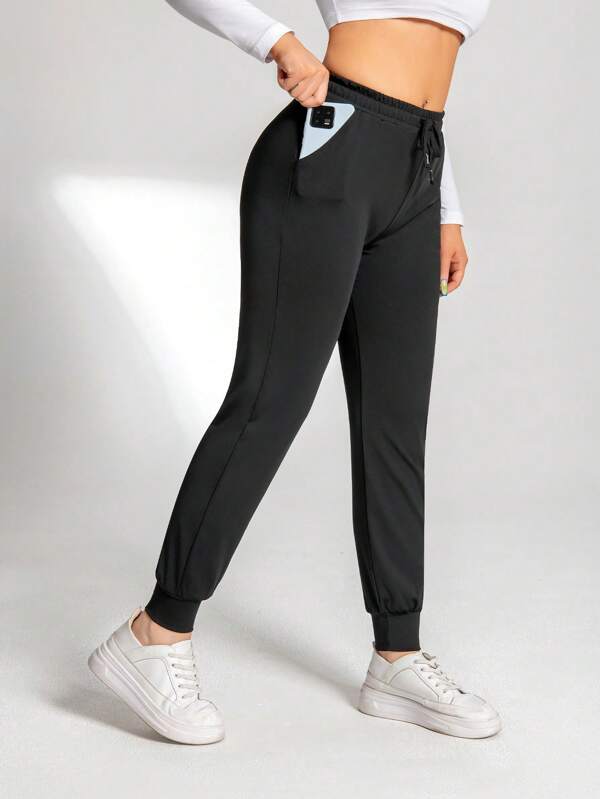 Spring/Summer Elastic High Waist Drawstring Women's Running Pants With Pockets, Comfortable Casual Trousers Suitable For Daily Wear, Solid Color Women's Bottoms For All Seasons, Essential Comfortable And Fitted Apparel