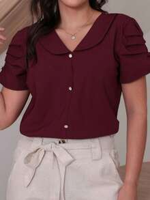 Women's Crepe Blouse With Button Lapel Collar Simple Casual Elegant - 酒紅色 - 查看 2