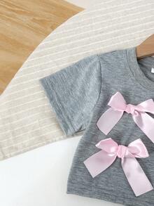 Set de 2 piezas de top de manga corta con moño y falda para niñas - Gris - Ver 5