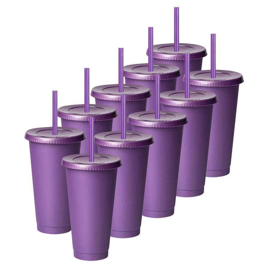Paquete 10 Vasos Reusables Con Popote Para Bebidas Frías 24 Oz