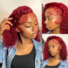99J Colored Curly Deep Water Wave Lace Front Wig Burgundy Red Remy Short Cut Bob Frontal Human Hair Wigs Women Pre Plucked Wigs - S99J - Xem 7