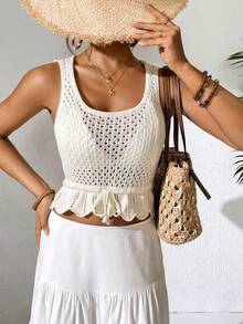 Versatile Hollow Hook Flower Knitted Vest Top For Summer, Loose New Style, Sleeveless Vest, Cover Up, Camisole, Short Cut - Apricot - View 5