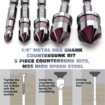 5-delige M35 kobaltlegering verzinkboorset, hoek 82° met 1/4" zeskantschacht - voor metaal, hout en kunststof - inclusief 1/4", 3/8", 1/2", 5/8" maat, met opbergrek