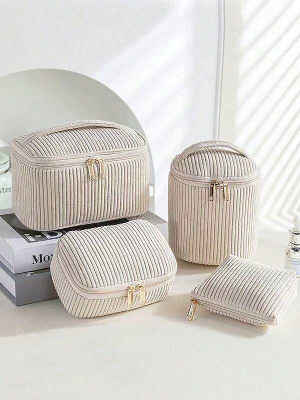 1/4 Pcs Set Corduroy Cosmetic Bag, Khaki Handbag Storage Bag, Fashion Portable Makeup Bag, Multi-Function Storage Bag, Large Capacity Cute Makeup Bag, Skin Care And Cosmetic Storage Bag, Portable Convertible Travel Storage Bag, Handheld Cosmetic Bag, Fashion Portable Makeup Bag