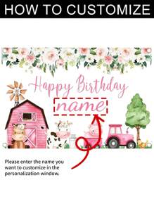 1pc Customizable Cartoon Farm Animals Happy Birthday Banner - Pink Barn Theme, Personalized Name Options For Birthdays And Anniversaries, Great For Photo Booths And Celebrations, Suitable For Porch Decorations, Indoor/Outdoor Celebrations, Anniversaries, Graduation - Versatile Party Backdrop Banner In Three Sizes!