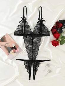 Sexy Lingerie, Three-Point Erotic Lingerie Women's Sexy Front Open Chest Tights Lace Translucent Shapewear Bodysuit For Club, Night Out, Dates, Shows, Wedding Night – Cheeky Stockings & Tights Lingerie - Multicolor - View 4