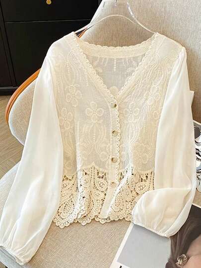 JIANHU חולצת קיץ רקומה תחרה לנשים - טופ קליל ורענן, מושלם לעיצוב קז'ואל רב-תכליתי אביב