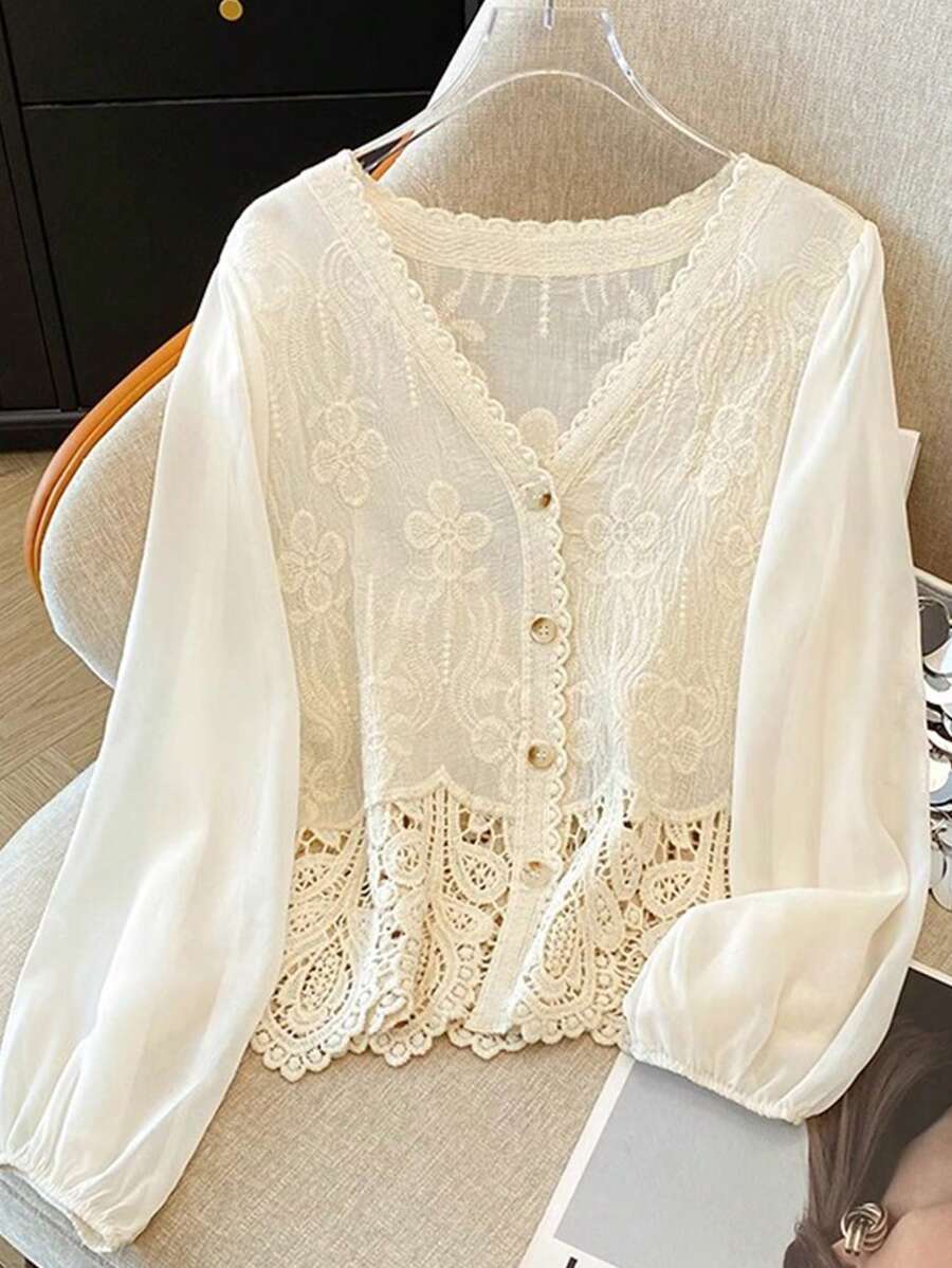 女士夏季蕾丝刺绣衬衫 - 柔软清爽轻盈上衣，完美打造百搭休闲春季造型 - 杏色 - 查看 1
