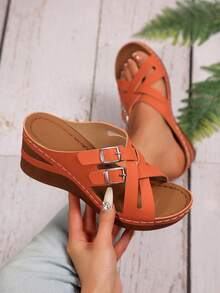 Plus Size Elegant Wedge Sandals Women, Criss-Cross Strap Buckle Casual Holiday Outdoor Roman Sandals, Fashionable, Comfortable, Graceful, Casual, Beach, Wedge, Platform Sandals - 橘色 - 查看 2