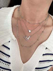 1pc Mother & Child Heart-Shaped Rhinestone Inlaid Multi-Layer Chain Necklace, Mother's Day Gift - Necklace - View 5