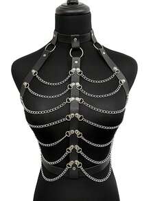 1pc Women's Black PU Leather With Metal Chain Body Decortive Strap Suitable For Halloween Holiday Party Performance Clothing Matching - Black - View 2