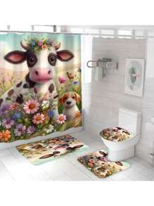 1/4pcs Cartoon Cow Print Bathroom Set, Includes Waterproof Shower Curtain, Non-Slip Mat, Toilet Lid Cover, Bath Mat And 12 Plastic Hooks, Bathroom Decor, Home Decor, Dorm Decor, Autumn, Villa Decoration Back To School
