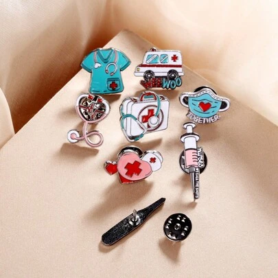 8 piezas de alfileres de metal esmaltado con temática médica, que incluyen estetoscopio, ECG, ambulancia, insignias de enfermera, adecuados como regalo festivo, accesorios para vestir, alfileres para ropa, bolso, encanto, escuela, Halloween